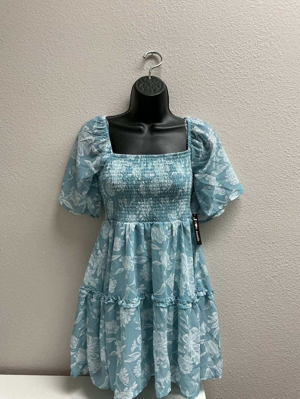 Justify Blue Floral Smocked Square Neck Tiered Mini Dress